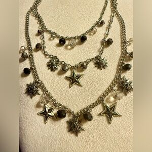 Ann Taylor Silver Y2K Necklace with Star Charms and Black Beads